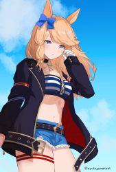 Rule 34 | 1girl, animal ears, ayuta (ayuta parakeet), bandeau, black choker, black jacket, blonde hair, blue bow, blue eyes, blue sky, bow, choker, cloud, commentary request, cowboy shot, cutoffs, day, denim, denim shorts, gloves, gold city (umamusume), hair bow, hand up, highres, horse ears, jacket, long hair, long sleeves, looking at viewer, midriff, navel, open clothes, open jacket, shorts, single glove, sky, solo, standing, stomach, strapless, swept bangs, thigh strap, thighs, tube top, umamusume, white gloves