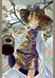 Rule 34 | 1girl, absurdres, birdcage, blonde hair, blue skirt, blue vest, branch, brown background, cage, cowboy shot, floral print, flower, green eyes, hat, hat flower, highres, holding, holding cage, long sleeves, looking at viewer, medium hair, moon, moriya suwako, pillarboxed, plant, purple flower, pyonta, shirt, skirt, skirt set, solo, standing, straw hat, touhou, vest, white shirt, zhu xiang