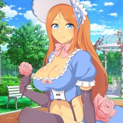 Rule 34 | 1girl, bench, blue dress, blue eyes, breasts, challengia, cleavage, cloud, day, dress, elbow gloves, flower, gloves, hat, holding, holding flower, large breasts, lolita fashion, long hair, looking at viewer, navel, nchans, nchans style, official art, opachan, orange hair, orcaleon, park, park bench, purple gloves, ribbon, sitting, solo, thighhighs, tree, victorian