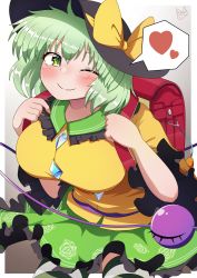 Rule 34 | 1girl, ;), absurdres, backpack, bag, black hat, bow, breasts, floral print, frilled sleeves, frills, gradient background, green eyes, green hair, green skirt, grey background, hat, hat bow, heart, highres, komeiji koishi, large breasts, long sleeves, looking at viewer, one eye closed, polyhedron2, randoseru, rose print, shirt, short hair, signature, skirt, smile, solo, spoken heart, touhou, wide sleeves, yellow bow, yellow shirt