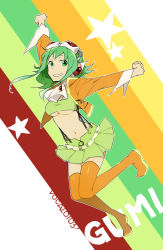 Rule 34 | 1girl, boots, breasts, catgirl0926, goggles, goggles on head, green eyes, green hair, gumi, headphones, highres, jacket, matching hair/eyes, gumi (v3 megpoid), midriff, navel, outstretched arms, short hair, skirt, smile, solo, spread arms, thigh boots, thighhighs, underboob, vocaloid, zettai ryouiki