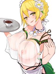 Rule 34 | 1girl, apron, bad id, bad pixiv id, blonde hair, blush, bow, bowtie, braid, breasts, coffee, coffee cup, commentary request, crop top, cup, disposable cup, flower, flower knight girl, frills, hair between eyes, hair flower, hair ornament, highres, large breasts, looking at viewer, maid, maid apron, maid headdress, midriff, monaka (choko monaka janbo), navel, nipples, open mouth, see-through, short hair, smug, solo, suiren (flower knight girl), tray, white background, yellow eyes