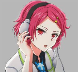 Rule 34 | 10s, 1girl, bad id, bad pixiv id, blue necktie, grey background, hair ornament, headphones, looking at viewer, minase koito, moru (00hal), musaigen no phantom world, necktie, open mouth, red eyes, red hair, short hair, simple background, solo