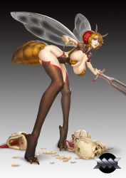 Rule 34 | 1girl, antennae, arthropod girl, bee girl, blonde hair, breasts, brown leotard, brown thighhighs, bug, cleavage cutout, clothing cutout, fly, fly girl, gradient background, grey background, highleg, highleg leotard, highres, insect, insect girl, insect wings, kww868, large breasts, leaning forward, leotard, licking, long tongue, maggot, maggots, monster girl, no bra, original, red eyes, revealing clothes, simple background, skindentation, skull, solo, sword, thighhighs, tongue, tongue out, weapon, wings