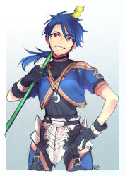 Rule 34 | 1girl, blue hair, crescent moon, crotch plate, cu chulainn (fate), cu chulainn (fate/prototype), fate/prototype, fate (series), gae bolg (fate), garter straps, genderswap, genderswap (mtf), gloves, grin, holding, holding spear, holding weapon, jewelry, long hair, moon, necklace, nishiyama (whatsoy), polearm, ponytail, red eyes, smile, solo, spear, turtleneck, weapon