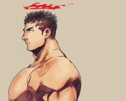 Rule 34 | 1boy, bara, black hair, completely nude, expressionless, facial hair, from side, halo, highres, large pectorals, looking to the side, male focus, muscular, muscular male, no nipples, nude, pectorals, short hair, sidepec, solo, stubble, tokyo houkago summoners, upper body, yellow eyes, zabaniyya (housamo), zabaniyan