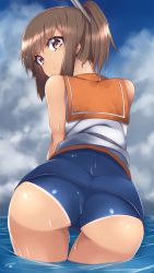 Rule 34 | 10s, 1girl, ass, blue sky, blurry, brown eyes, brown hair, cloud, cloudy sky, commentary request, day, depth of field, from behind, highres, i-401 (kancolle), kantai collection, leaning forward, looking at viewer, looking back, mku, ocean, partially submerged, ponytail, school swimsuit, school uniform, serafuku, sky, smile, solo, swimsuit, swimsuit under clothes, tan, wading, wet, wet clothes