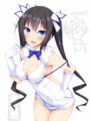 Rule 34 | 10s, 1girl, :d, black hair, blue eyes, blush, breasts, cleavage, covered navel, dungeon ni deai wo motomeru no wa machigatteiru darou ka, gloves, hair ribbon, hand on own hip, hestia (danmachi), large breasts, long hair, looking at viewer, open mouth, rei no himo, ribbon, smile, solo focus, suterii, twintails, white gloves