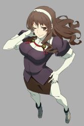 Rule 34 | 10s, 1girl, ;), akitetsu, ashigara (kancolle), bad id, bad twitter id, breasts, brown eyes, brown hair, full body, grey background, hairband, hand on own hip, highres, jpeg artifacts, kantai collection, large breasts, long hair, looking at viewer, one eye closed, pantyhose, skirt, smile, solo, standing, uniform, white pantyhose