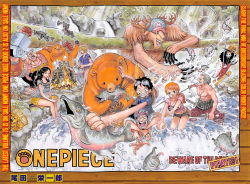 Rule 34 | 2girls, 6+boys, bear, black hair, blonde hair, breasts, brook (one piece), color spread, cooking, copyright name, cover, cover page, cyborg, eating, everyone, fire, fish, fishing, food, franky (one piece), goggles, green hair, highres, large breasts, monkey d. luffy, multiple boys, multiple girls, nami (one piece), nico robin, oda eiichirou, official art, one piece, orange hair, river, roronoa zoro, sanji (one piece), skeleton, smoke, stitches, sword, tony tony chopper, usopp, water, waterfall, weapon