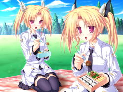 Rule 34 | 2girls, bento, blonde hair, blush, day, eating, feeding, food, game cg, hair ornament, happy, highres, incoming food, magus tale, multiple girls, nina geminis, outdoors, picnic, pink eyes, pov, pov feeding, red eyes, rena geminis, seiza, siblings, sisters, sitting, tenmaso, thighhighs, twins, twintails, zettai ryouiki
