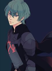 Rule 34 | 1boy, alisha (heirror), armor, ascot, blue eyes, blue hair, byleth (fire emblem), byleth (male) (fire emblem), cape, fire emblem, fire emblem: three houses, gloves, grey background, jacket, looking at viewer, male focus, nintendo, short hair, simple background, solo