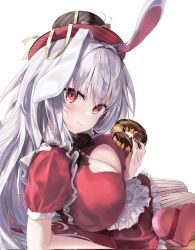 Rule 34 | animal ears, apron, arm support, black hat, box, breasts, character request, chocolate doughnut, cleavage, cleavage cutout, clothing cutout, copyright request, doughnut, dress, dryra1n, food, frilled dress, frills, grey hair, hat, heart-shaped box, highres, holding, holding food, large breasts, long hair, pantyhose, puffy short sleeves, puffy sleeves, rabbit ears, red dress, red eyes, short sleeves, striped clothes, striped pantyhose, top hat, valentine, vertical-striped clothes, vertical-striped pantyhose, waist apron, white apron