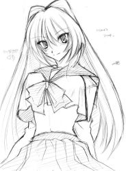 Rule 34 | 00s, 1girl, bow, bowtie, cowboy shot, greyscale, kousaka tamaki, long sleeves, looking at viewer, midriff, mizuryu kei, monochrome, navel, sailor collar, school uniform, simple background, sketch, smile, solo, to heart (series), to heart 2, white background