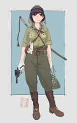 Rule 34 | 1girl, belt, between breasts, boots, breast pocket, breasts, brown hat, cigarette, combat helmet, cross-laced footwear, field cap, gloves, green hat, gun, handgun, hat, helmet, highres, holster, imperial japanese army, katana, lace-up boots, military, military uniform, mouth hold, original, pocket, pouch, purple eyes, purple hair, revolver, short hair, signature, sino, sino (mechanized gallery), sleeves rolled up, soldier, solo, strap between breasts, stuffed animal, stuffed rabbit, stuffed toy, sword, type 26, uniform, weapon, world war ii