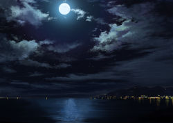 Rule 34 | absurdres, city, city lights, cloud, cloud focus, cloudy sky, commentary request, derivative work, full moon, highres, light, moon, moonlight, mountain, mountainous horizon, night, night sky, no humans, ocean, pajaman, reflection, reflective water, scenery, shore, sky, star (sky), star (symbol)