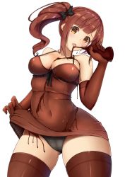 Rule 34 | 10s, 1girl, bad id, bad pixiv id, bare shoulders, between breasts, black bow, black panties, blush, bottle, bow, breasts, brown dress, brown gloves, brown hair, brown thighhighs, cameltoe, chocolate, chocolate on body, chocolate on breasts, chocolate on clothes, clothes lift, covered navel, cowboy shot, dress, dress lift, dripping, elbow gloves, fay (fay axl), food on body, frills, gloves, gluteal fold, hair bow, halterneck, idolmaster, idolmaster cinderella girls, igarashi kyoko, licking, lifting own clothes, long hair, looking at viewer, md5 mismatch, medium breasts, microdress, panties, see-through, sexually suggestive, side ponytail, sidelocks, simple background, skin tight, skindentation, skirt basket, solo, thighhighs, tongue, tongue out, underwear, valentine, white background, yellow eyes