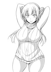 Rule 34 | armpits, blush, bottomless, breasts, closed mouth, large breasts, long hair, monochrome, navel, original, shiina nami, smile, sweater, thighs, twintails
