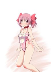 Rule 34 | 10s, 1girl, adapted costume, bad id, bad twitter id, blush, bow, breasts, choker, cleavage, covered navel, eyebrows, hair bow, kaname madoka, leotard, looking at viewer, mahou shoujo madoka magica, mahou shoujo madoka magica (anime), medium breasts, mizushima (p201112), pink eyes, pink hair, red bow, short hair, smile, solo, twintails