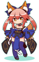 Rule 34 | &gt;:), 10s, 1girl, animal ear fluff, animal ears, bare shoulders, black footwear, blue bow, blue kimono, blue outline, blue sleeves, blush, bow, breasts, brown eyes, cleavage, closed mouth, commentary request, detached sleeves, fate/extra, fate (series), fox ears, fox girl, fox tail, hair between eyes, hair bow, head tilt, japanese clothes, kimono, long hair, long legs, long sleeves, medium breasts, naga u, outline, pelvic curtain, pink hair, purple thighhighs, shadow, shoes, short kimono, sidelocks, sleeves past wrists, smile, solo, standing, standing on one leg, strapless, tail, tail raised, tamamo (fate), tamamo no mae (fate/extra), thighhighs, twintails, v-shaped eyebrows, white background, wide sleeves