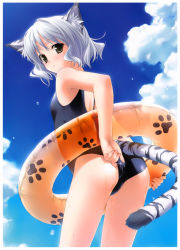 Rule 34 | 1girl, :&lt;, absurdres, adjusting clothes, adjusting swimsuit, animal ears, ass, bare shoulders, blue one-piece swimsuit, blue sky, blush, cloud, day, fingernails, from behind, green eyes, hashimoto takashi, highres, innertube, looking at viewer, looking back, one-piece swimsuit, original, paw print, school swimsuit, short hair, silver hair, sky, solo, swim ring, swimsuit, tail, tiger ears, tiger tail, wet