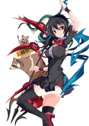 Rule 34 | 1girl, asymmetrical wings, black dress, black hair, black thighhighs, bow, bowtie, closed mouth, content rating, cowboy shot, dress, from side, high heels, holding, holding weapon, houjuu nue, leg up, long hair, looking at viewer, pointy ears, polearm, red bow, red bowtie, red eyes, red footwear, short dress, short sleeves, smile, solo, standing, standing on one leg, tanuki, tetsurou (fe+), thighhighs, touhou, translated, trident, weapon, wings, wristband