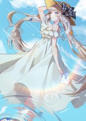 Rule 34 | 1girl, arm at side, bare shoulders, blue eyes, blush, bow, cloud, dated, day, dress, fate/grand order, fate (series), feet out of frame, floating hair, frilled dress, frills, from side, hair ornament, hand on headwear, hat, hat ornament, holding, letter, long dress, long hair, looking at viewer, looking to the side, marie antoinette (fate), marie antoinette (fate/grand order), marie antoinette (swimsuit caster) (fate), marie antoinette (swimsuit caster) (second ascension) (fate), nail polish, off shoulder, outdoors, perri (mnemosine), plaid, ribbon, ripples, shade, shell, shell hair ornament, sideways glance, silver hair, sky, slippers, smile, solo, standing, star (symbol), star hair ornament, straw hat, sun hat, toenails, very long hair, white dress, white ribbon