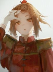 Rule 34 | 1girl, brown eyes, brown hair, copyright request, epaulettes, forehead, gloves, hair lift, hand up, head tilt, highres, jacket, looking at viewer, noccu, parted lips, ponytail, red jacket, short hair, simple background, solo, white background, white gloves