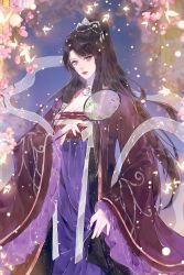 Rule 34 | 1girl, absurdres, black hair, blue sky, bug, butterfly, closed mouth, dress, fireflies, flower, frilled sleeves, frills, glowing butterfly, hand fan, highres, hua jianghu zhi bei mo ting, insect, jacket, long sleeves, looking at viewer, ponytail, purple dress, purple jacket, si kongqi (hua jianghu zhi bei mo ting), sky, solo, upper body, wanwu mengsheng