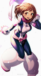 Rule 34 | 1girl, absurdres, black bodysuit, blush stickers, bodysuit, boku no hero academia, breasts, brown eyes, brown hair, commentary request, gibagiba, highres, looking at viewer, medium breasts, open clothes, short hair, simple background, smile, solo, teeth, twitter username, upper teeth only, uraraka ochako, white background, white bodysuit