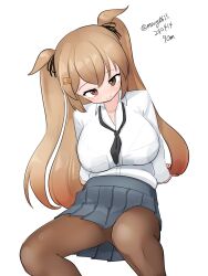 Rule 34 | 1girl, absurdres, alternate costume, black necktie, black pantyhose, blush, breasts, brown eyes, brown hair, collared shirt, dated, gradient hair, grey skirt, hair flaps, heterochromia, highres, kantai collection, large breasts, long hair, looking at viewer, loose necktie, maru (marg0613), multicolored hair, murasame (kancolle), necktie, one-hour drawing challenge, pantyhose, pleated skirt, red eyes, shirt, skirt, solo, twintails, twitter username, white shirt