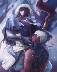 Rule 34 | 2boys, archer (fate), archer alter (fate), black gloves, black shirt, blue capelet, blue hair, bracelet, capelet, commentary, cu chulainn (caster) (fate), cu chulainn (fate), cu chulainn (fate/stay night), earrings, english commentary, closed eyes, facial mark, fate/grand order, fate/grand order: first order, fate (series), fingerless gloves, gloves, gravesecrets, hood, jewelry, long hair, looking at another, male focus, multiple boys, red eyes, shirt, sleeveless, sleeveless shirt, smile, staff, tan, white hair