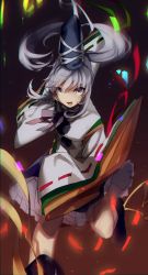 Rule 34 | 1girl, bad id, bad twitter id, chromatic aberration, gradient background, grey eyes, hat, highres, image sample, long hair, long sleeves, looking at viewer, mononobe no futo, no-kan, open mouth, ponytail, ribbon, shirt, silver hair, skirt, smile, solo, tate eboshi, touhou, wide sleeves