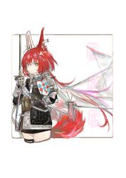 Rule 34 | 1girl, animal ears, arknights, arm behind back, black skirt, brown eyes, cowboy shot, ear covers, ear tag, flametail (arknights), gauntlets, hand up, highres, holding, holding sword, holding weapon, looking at viewer, pipidan, red hair, short hair with long locks, simple background, skirt, solo, squirrel ears, squirrel girl, squirrel tail, sword, tail, weapon, white background