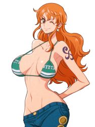 Rule 34 | 1girl, bare arms, bare shoulders, bikini, bikini top only, breasts, breasts apart, brown eyes, cleavage, curvy, denim, female focus, green bikini, highres, jeans, joy division, nami (one piece), navel, one eye closed, one piece, orange hair, pants, simple background, smile, solo, standing, stomach, swimsuit, tattoo, toei animation, white background, wink