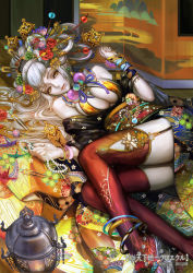 Rule 34 | 1girl, bracelet, breasts, cleavage, comb, earrings, egasumi, garter belt, grey hair, hair ornament, hair rings, hairpin, japanese clothes, jewelry, kimono, lamp, large breasts, long legs, looking at viewer, lots of jewelry, lying, necklace, red thighhighs, tenka touitsu chronicle, thighhighs, xiaji, yellow eyes
