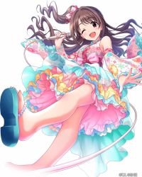 Rule 34 | 1girl, armpits, artist name, bare shoulders, blush, breasts, brown eyes, brown hair, dress, feet, female focus, fingernails, frill, frilled dress, frills, hair ornament, hair ribbon, happy, highres, idol, idolmaster, idolmaster cinderella girls, japanese clothes, jumping, kimono, legs, long hair, looking at viewer, medium breasts, microphone, multicolored clothes, open mouth, ponytail, ribbon, sandals, shimamura uzuki, side ponytail, simple background, smile, soles, thighs, toenails, toes, wavy hair, white background, wire, yukata