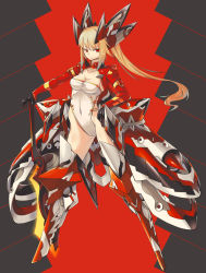 Rule 34 | 1girl, armor, armored dress, blonde hair, breasts, cleavage, covered navel, expressionless, full body, headgear, highres, holding, holding sword, holding weapon, kazemura, leotard, long hair, long sleeves, looking to the side, machinery, mecha musume, original, ponytail, red eyes, skin tight, solo, standing, sword, thighhighs, very long hair, weapon