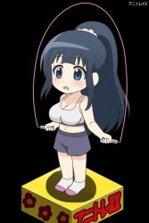 Rule 34 | 1girl, animated, animated gif, anitore! ex, awa, black background, black hair, blue eyes, bouncing breasts, breasts, cleavage, copyright name, jump rope, large breasts, long hair, midriff, navel, ponytail, saotome shizuno, scrunchie, shorts, sidelocks, socks, solo, sports bra