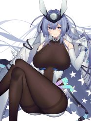 Rule 34 | 1girl, :3, absurdres, armpit crease, ass, azur lane, blue eyes, blue hair, bodystocking, breasts, center opening, closed mouth, coat, coat on shoulders, commentary request, covered collarbone, crossed legs, dress, elbow gloves, gloves, hair between eyes, hair intakes, hand on own knee, headgear, highres, holding, holding own hair, invisible chair, large breasts, long hair, looking at viewer, new jersey (azur lane), pantyhose, partial commentary, sidelocks, simple background, sitting, smile, solo, thighband pantyhose, v, very long hair, white background, white coat, white dress, white gloves, yononaka
