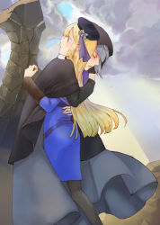Rule 34 | 2girls, ass, black cape, black headwear, black legwear, blonde hair, blue jacket, blush, cape, commentary request, day, dress, fate (series), feet out of frame, flower, from side, fur trim, gray (fate), green eyes, grey dress, grey hair, hat, hat flower, highres, hug, jacket, long hair, long sleeves, looking up, lord el-melloi ii case files, multiple girls, open mouth, outdoors, pantyhose, reines el-melloi archisorte, satou usuzuku, short hair, tearing up, tilted headwear