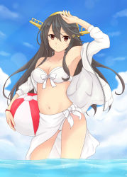 Rule 34 | 10s, 1girl, absurdres, ball, beachball, bikini, black hair, breasts, brown eyes, cleavage, cloud, cloudy sky, day, front-tie top, gensoukitan, hair between eyes, hairband, haruna (kancolle), highres, hood, hoodie, jacket, kantai collection, long hair, looking at viewer, medium breasts, navel, open clothes, open hoodie, sarong, sky, smile, solo, standing, standing on liquid, stomach, swimsuit, thighs, track jacket, white bikini, white jacket