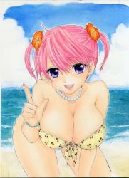 Rule 34 | 1girl, beach, bent over, bikini, blush, bracelet, breasts, cherry print, cleavage, cloud, collarbone, flower, food print, hair flower, hair ornament, index finger raised, jewelry, large breasts, looking at viewer, necklace, ocean, open mouth, ozaki mirai, pearl necklace, pink hair, print bikini, purple eyes, sand, short hair, sky, smile, sparkle, sugimoto ai, swimsuit, teeth, twintails, water, yellow bikini