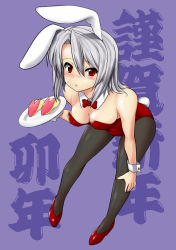 Rule 34 | 1girl, animal ears, black pantyhose, bow, bowtie, breasts, cleavage, cuffs, fake animal ears, leotard, medium breasts, original, pantyhose, playboy bunny, rabbit ears, rabbit tail, red eyes, silver hair, solo, tail, tanabe (studio tiamat), tray