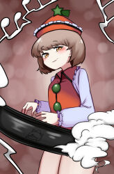 Rule 34 | 1girl, absurdres, blush, bottomless, breasts, brown background, brown eyes, brown hair, closed mouth, cloud, collared vest, commentary request, cowboy shot, frilled hat, frilled sleeves, frilled vest, frills, hat, hat ornament, highres, instrument, keyboard (instrument), kurodani yamame, long sleeves, looking at viewer, lyrica prismriver, musical note, red hat, red vest, rinyamame, shirt, short hair, small breasts, smile, solo, star (symbol), star hat ornament, touhou, vest, white shirt