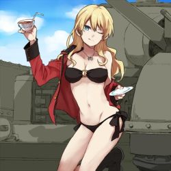 Rule 34 | 10s, ;), alternate hairstyle, bad anatomy, bikini, black bikini, blonde hair, blue eyes, churchill (tank), commentary, cup, darjeeling (girls und panzer), day, girls und panzer, holding, holding cup, holding saucer, jacket, military, military vehicle, motor vehicle, navel, one eye closed, open clothes, open jacket, red jacket, ree (re-19), saucer, smile, solo, st. gloriana&#039;s military uniform, swimsuit, tank, teacup