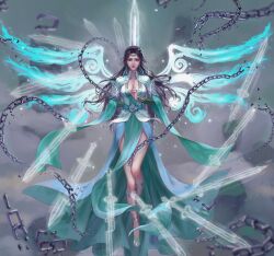 Rule 34 | 1girl, absurdres, arm behind back, bare legs, black hair, broken, broken chain, chain, chest cutout, chun yi xin, closed mouth, cloud, detached wings, doupo cangqiong, energy sword, floating, flying sword, full body, hair ornament, half-closed eyes, high heels, highres, index fingers together, long hair, long sleeves, second-party source, solo, sword, weapon, wings, yun yun (doupo cangqiong)