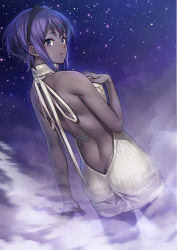 Rule 34 | 1girl, aran sweater, ass, backless dress, backless outfit, bare back, bare shoulders, between fingers, breast suppress, breasts, butt crack, cable knit, cowboy shot, dark-skinned female, dark skin, dress, dutch angle, fate/prototype, fate/prototype: fragments of blue and silver, fate (series), from behind, hairband, halterneck, hand on breast, hassan of serenity (fate), holding, holding weapon, kunai, looking at viewer, looking back, meme attire, naked sweater, night, night sky, official art, oto (ginswallow), outdoors, parted lips, purple eyes, purple hair, short hair, sidelocks, sky, smoke, solo, star (sky), starry sky, sweater, sweater dress, totsuki kakeru, turtleneck, turtleneck sweater, virgin killer sweater, weapon, white sweater