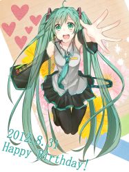 Rule 34 | 1girl, ahoge, aqua eyes, aqua hair, black thighhighs, dated, detached sleeves, happy birthday, hatsune miku, heart, long hair, outstretched hand, solo, thighhighs, tousei, twintails, very long hair, vocaloid
