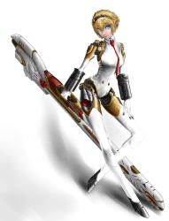 Rule 34 | 1girl, aegis (persona), android, bad id, bad pixiv id, blonde hair, blue eyes, breasts, contrapposto, gun, hairband, highres, huge weapon, joints, lips, necktie, no feet, no nipples, persona, persona 3, rifle, robot joints, short hair, smile, solo, standing, weapon, yuu (primenumber7)